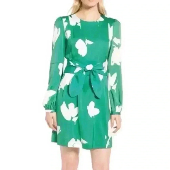 Lewit Dresses & Skirts - Lewit Green & White Floral Stretch Silk Long Sleeve Round Neck Belted Dress 14